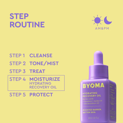 Purple bottle of BYOMA Hydrating Recovery Oil with step routine on a yellow background
