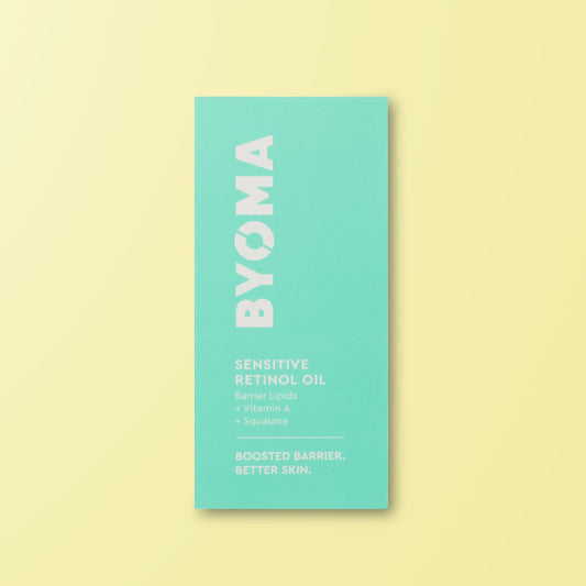 Turquoise sample of BYOMA Sensitive Retinol Oil on a light yellow background