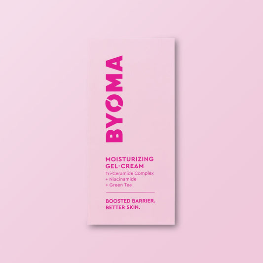 BYOMA moisturizing gel-cream packaging on a pink background