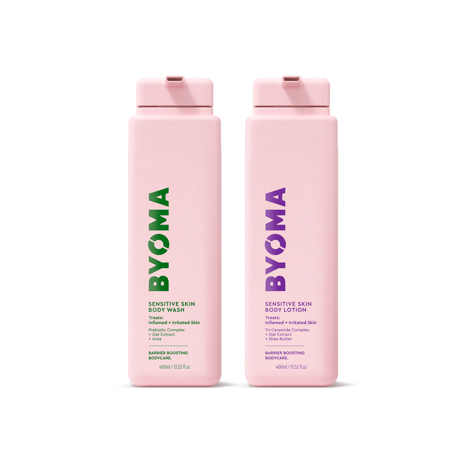 BYOMA SENSITIVE SKIN BODY WASH and SENSITIVE SKIN BODY LOTION sitting together.