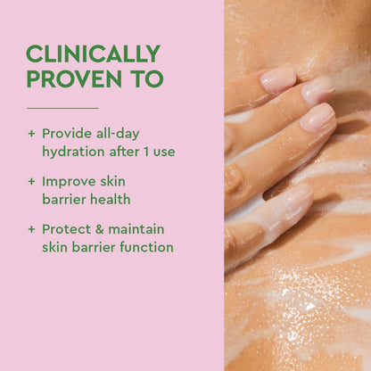 Product advertisement with text on a pink background and close-up of skin.