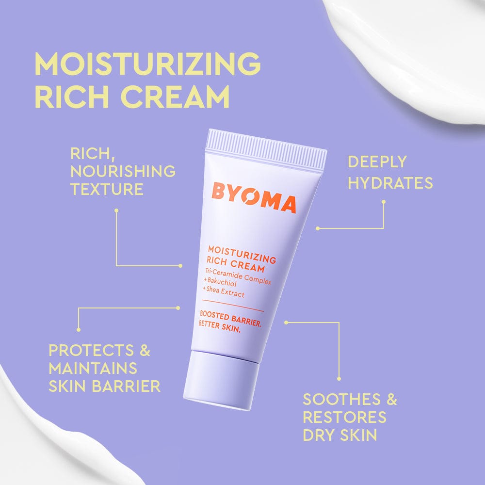 BYOMA moisturizing rich cream tube on a purple background with text highlighting features