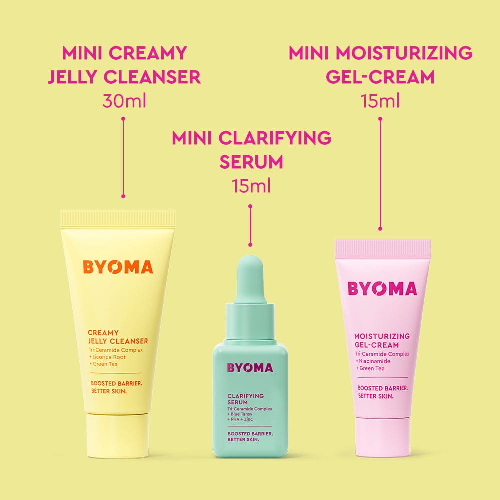 BYOMA skincare products including a creamy jelly cleanser, clarifying serum, and moisturizing gel-cream on a yellow background.