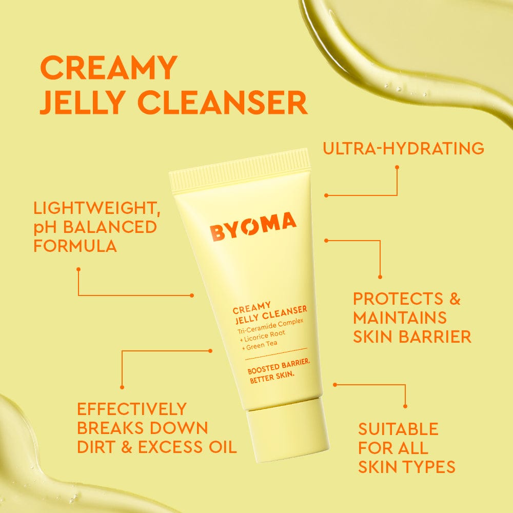 BYOMA Creamy Jelly Cleanser with product and features on a yellow background