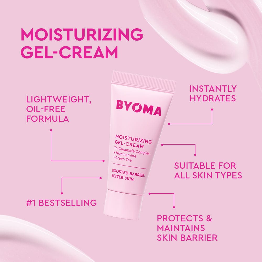BYOMA moisturizing gel-cream tube on a pink background with text highlighting features.