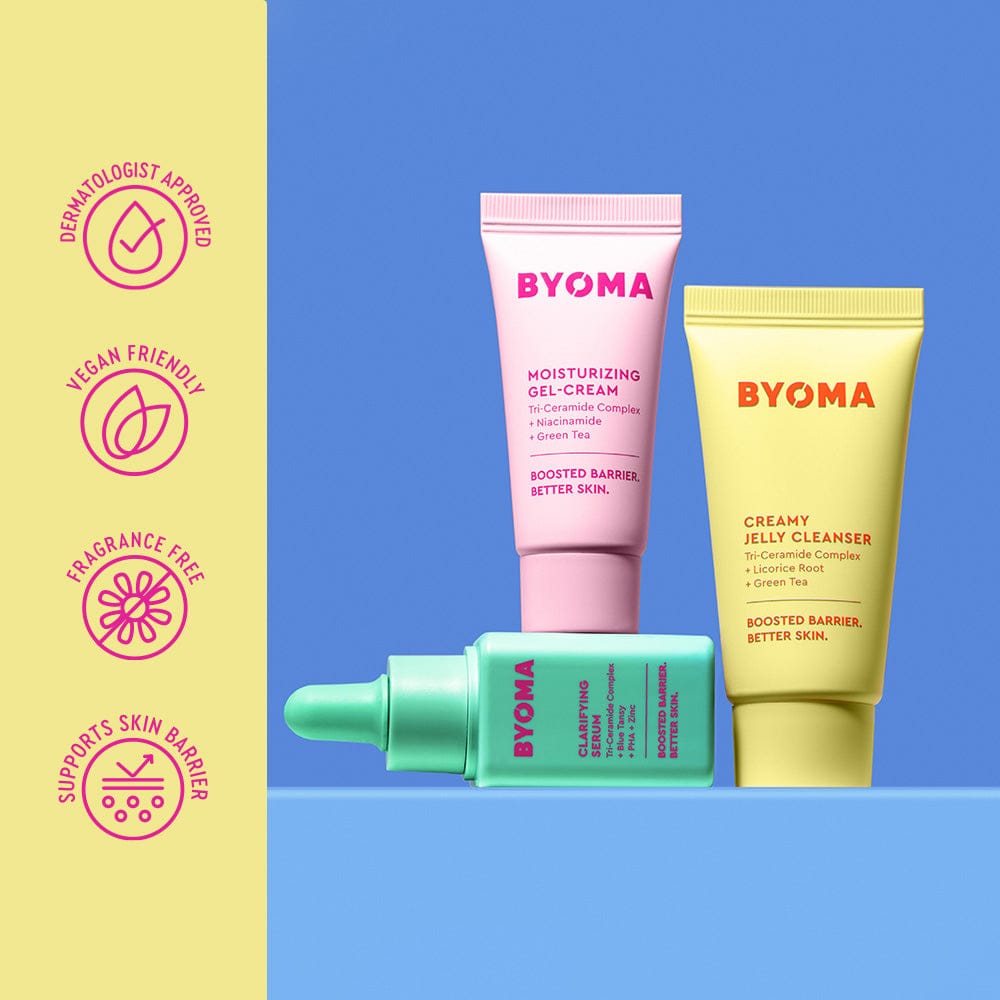BYOMA skincare products on a blue background with brand icons on the left.