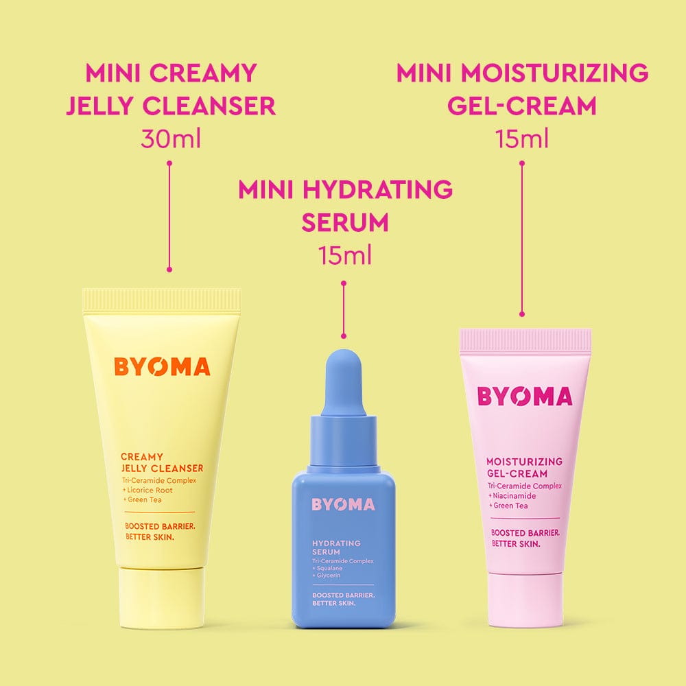 BYOMA skincare products including a creamy jelly cleanser, hydrating serum, and moisturizing gel-cream on a yellow background.