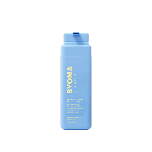 Blue Bottle with text on. Byoma Blemish Control Body lotion.