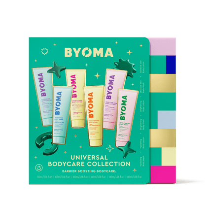 Bright turquoise packaging for BYOMA’s “Universal Bodycare Collection” featuring five colorful body product tubes arranged in a fan shape. Playful 3D star and swirl icons float around the tubes. The background includes a vertical strip of color-coded product labels on the right.