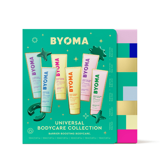Bright turquoise packaging for BYOMA’s “Universal Bodycare Collection” featuring five colorful body product tubes arranged in a fan shape. Playful 3D star and swirl icons float around the tubes. The background includes a vertical strip of color-coded product labels on the right.