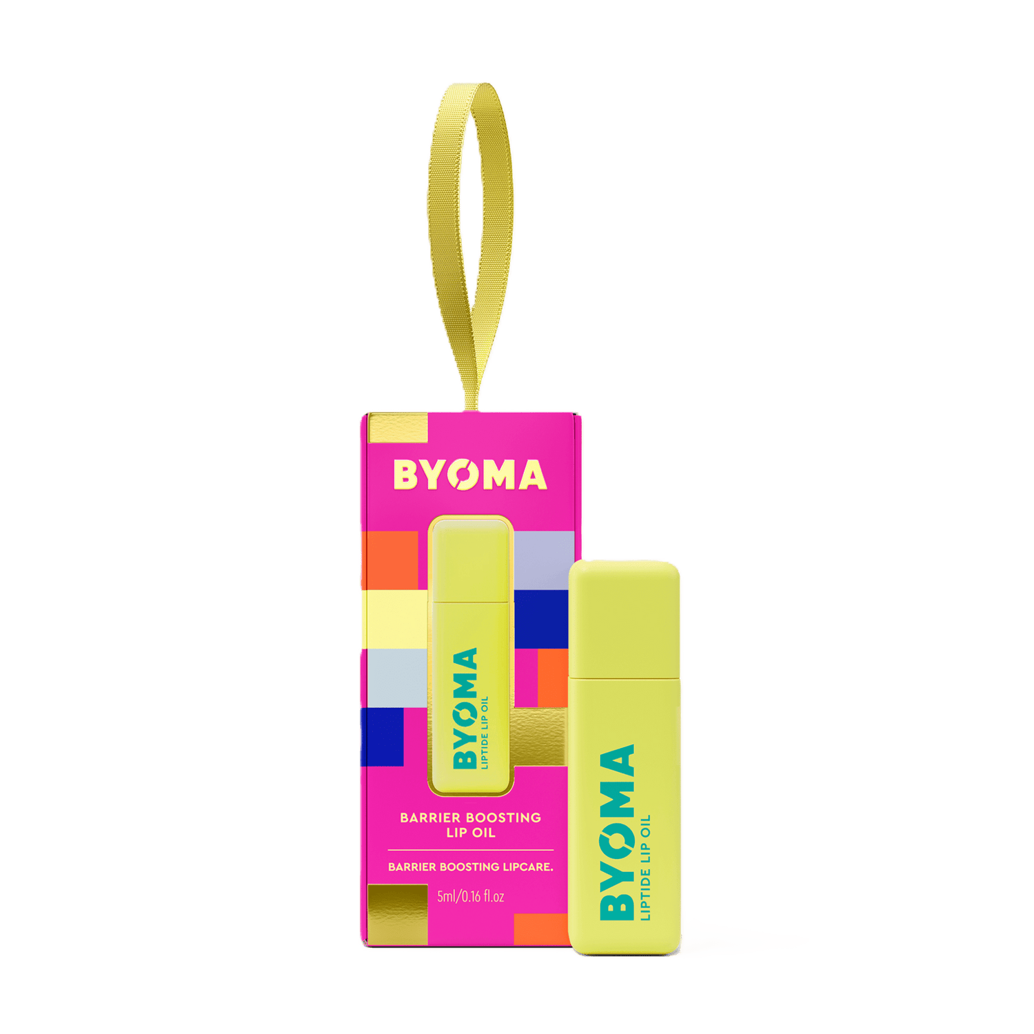 BYOMA Barrier Boosting Lip Oil and packaging with gold ribbon – product and gift box shown on transparent background.