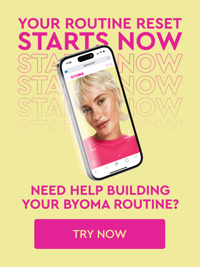 GIF banner asking if you would like to build a byoma routine using an AI skin scan tool. Image featuring a model on a phone screen.