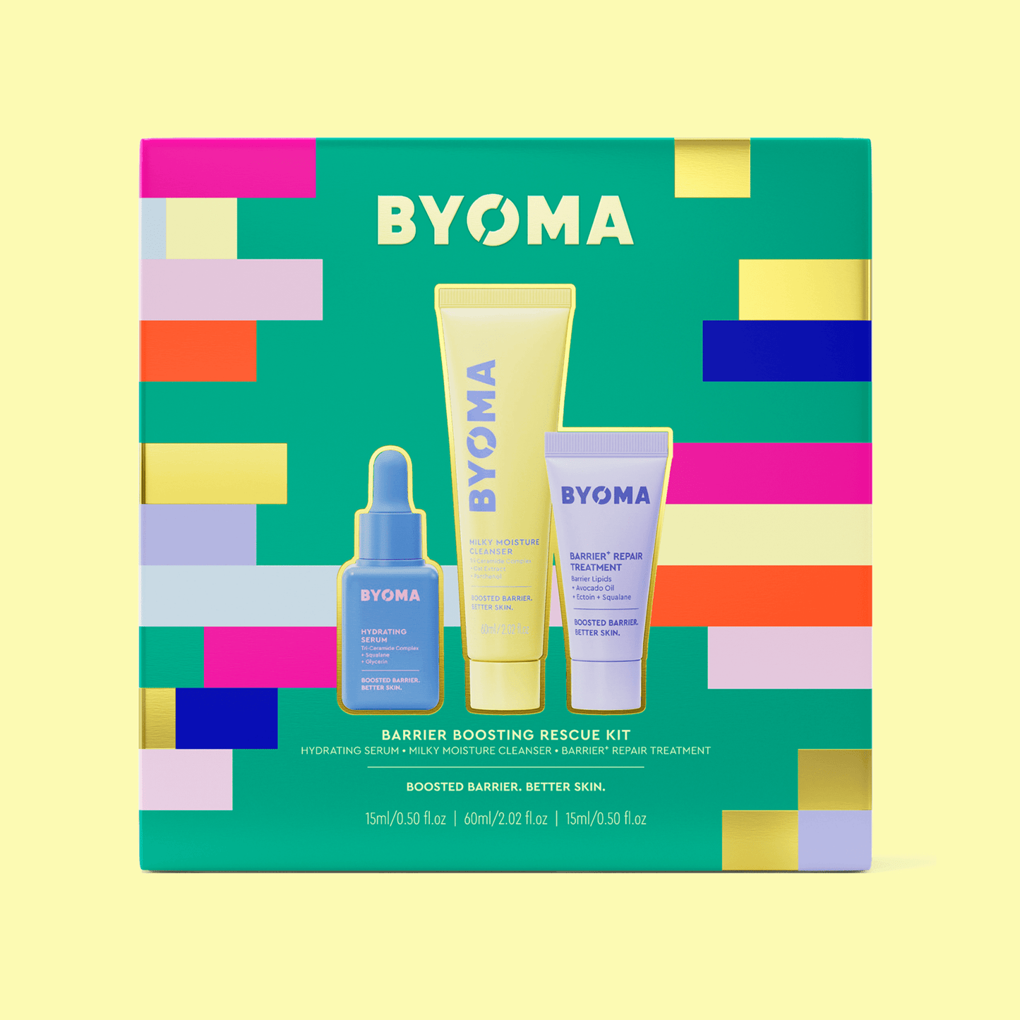 BYOMA Barrier Boosting Rescue Kit – includes Hydrating Serum, Milky Moisture Cleanser, and Barrier Repair Treatment in green packaging