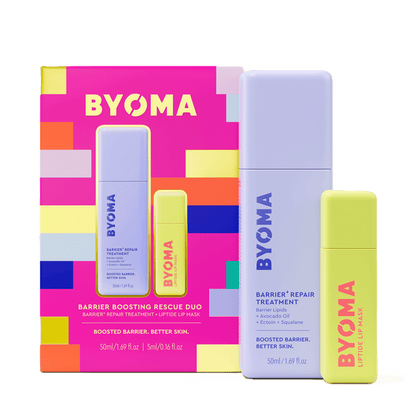 BYOMA Rescue Duo skincare set – Barrier Repair Treatment and Lipid Lip Mask displayed with festive box on transparent background